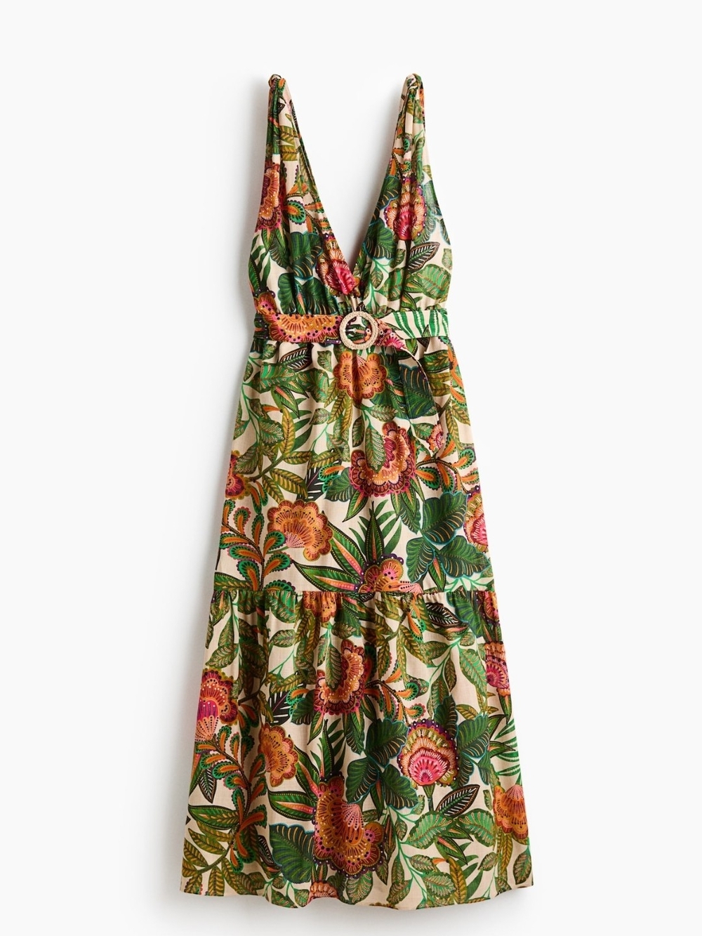 H&M Cotton Tropical Floral Maxi Dress in Green, Pink, Cream (Current NWT)
